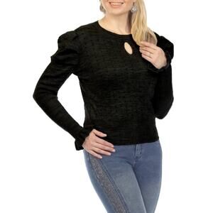 AZI Jeans Women's Size L Black Puff Sleeve Knit Sweater Keyhole Rhinestones NWT